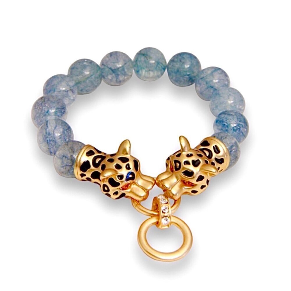 NEW Saachi Jewelry Aquamarine Beaded Stretch Bracelet Gold Leopard Heads Ring